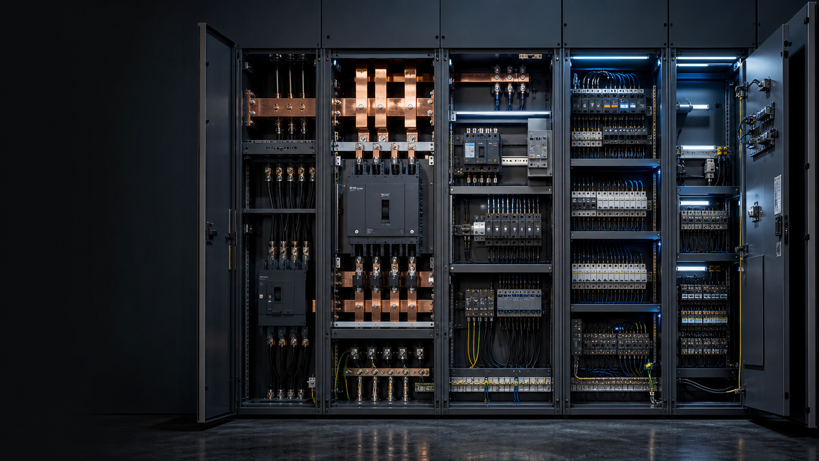 De-energized generic switchgear lineup showing the connected equipment relationships behind electrical decision-making.