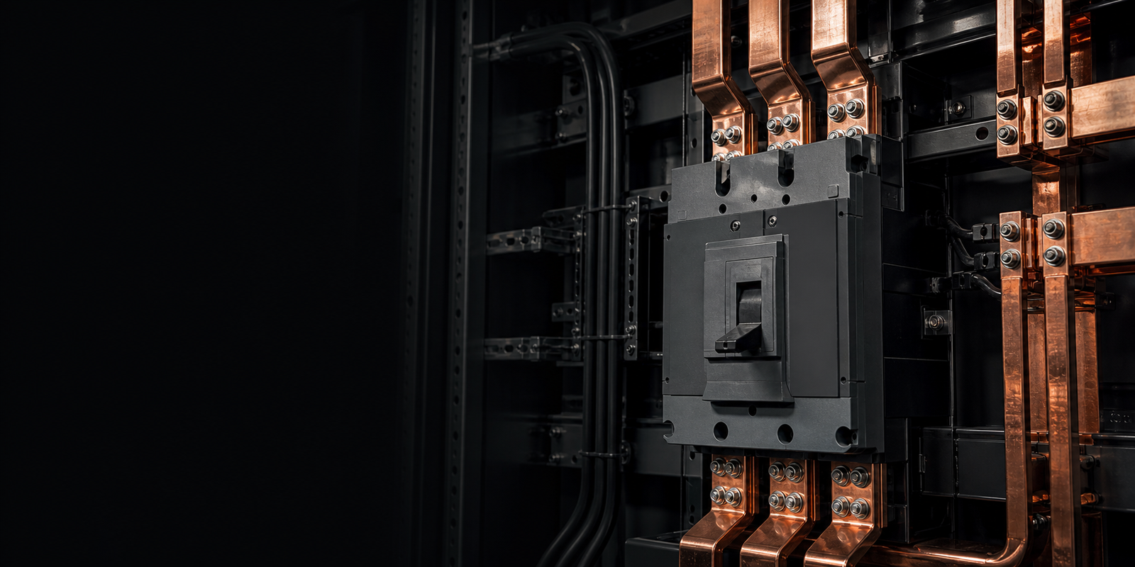 Generic de-energized switchgear and copper busbars representing the physical power layer of Engineering Intelligence.
