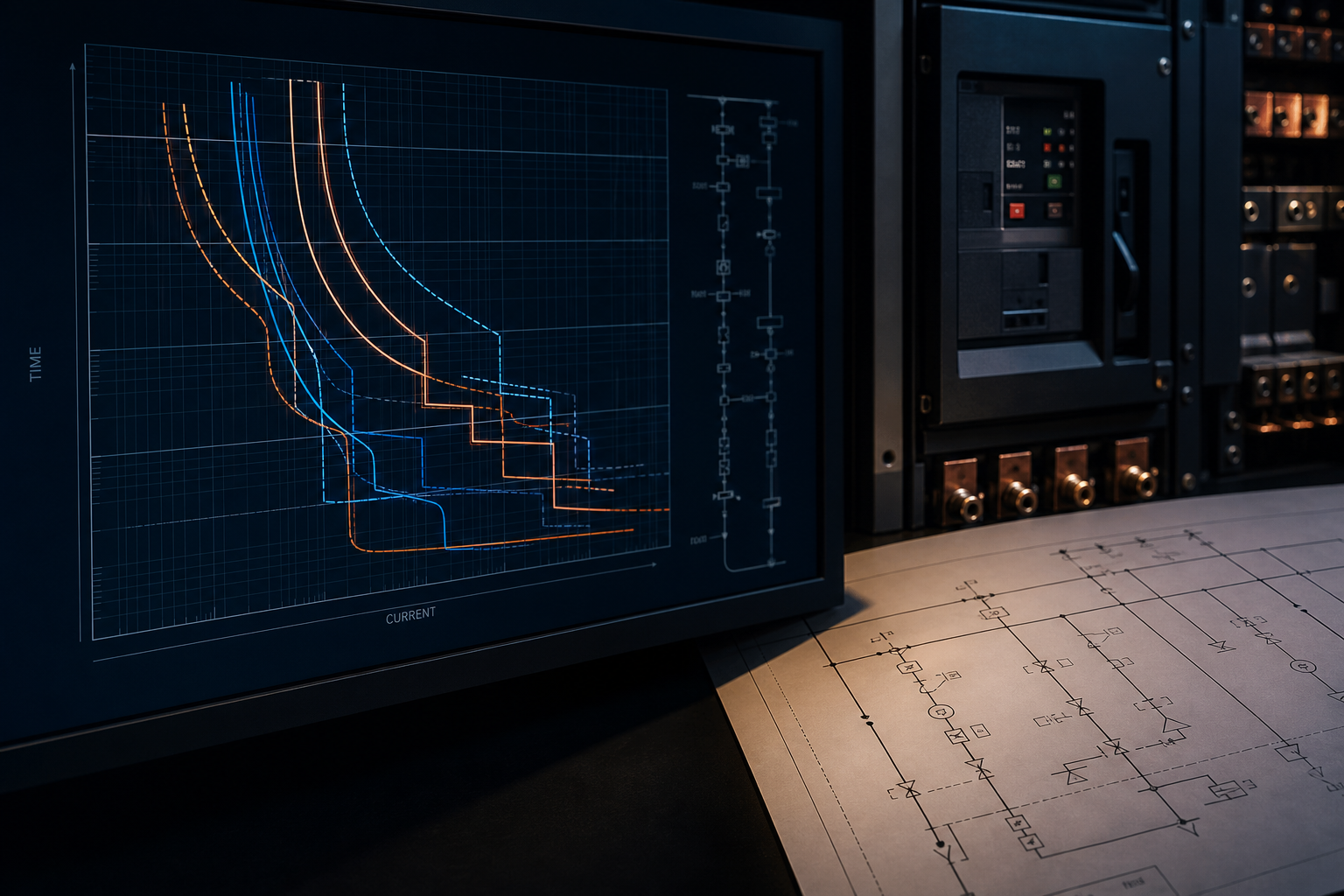 Safe fictionalized coordination curves and abstract one-line diagram.