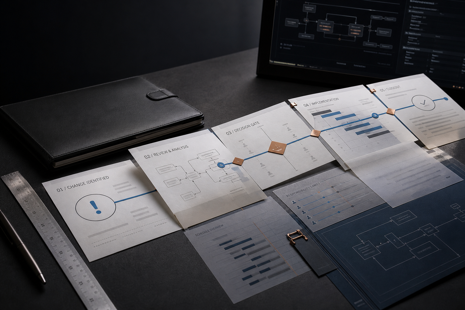 Safe fictionalized change workflow and responsibility lanes.